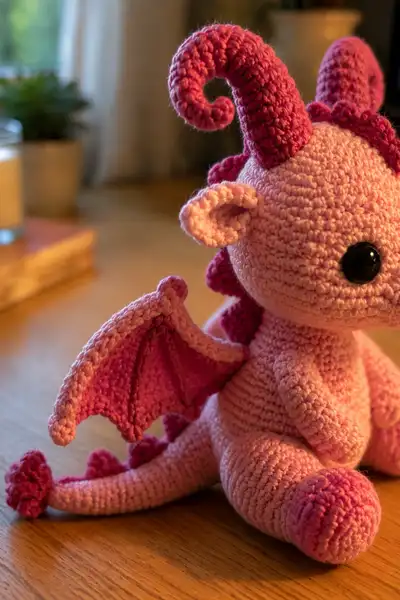 Small Pink Demon Dragon with Curled Horns Amigurumi Pattern step 2 - assembly progress