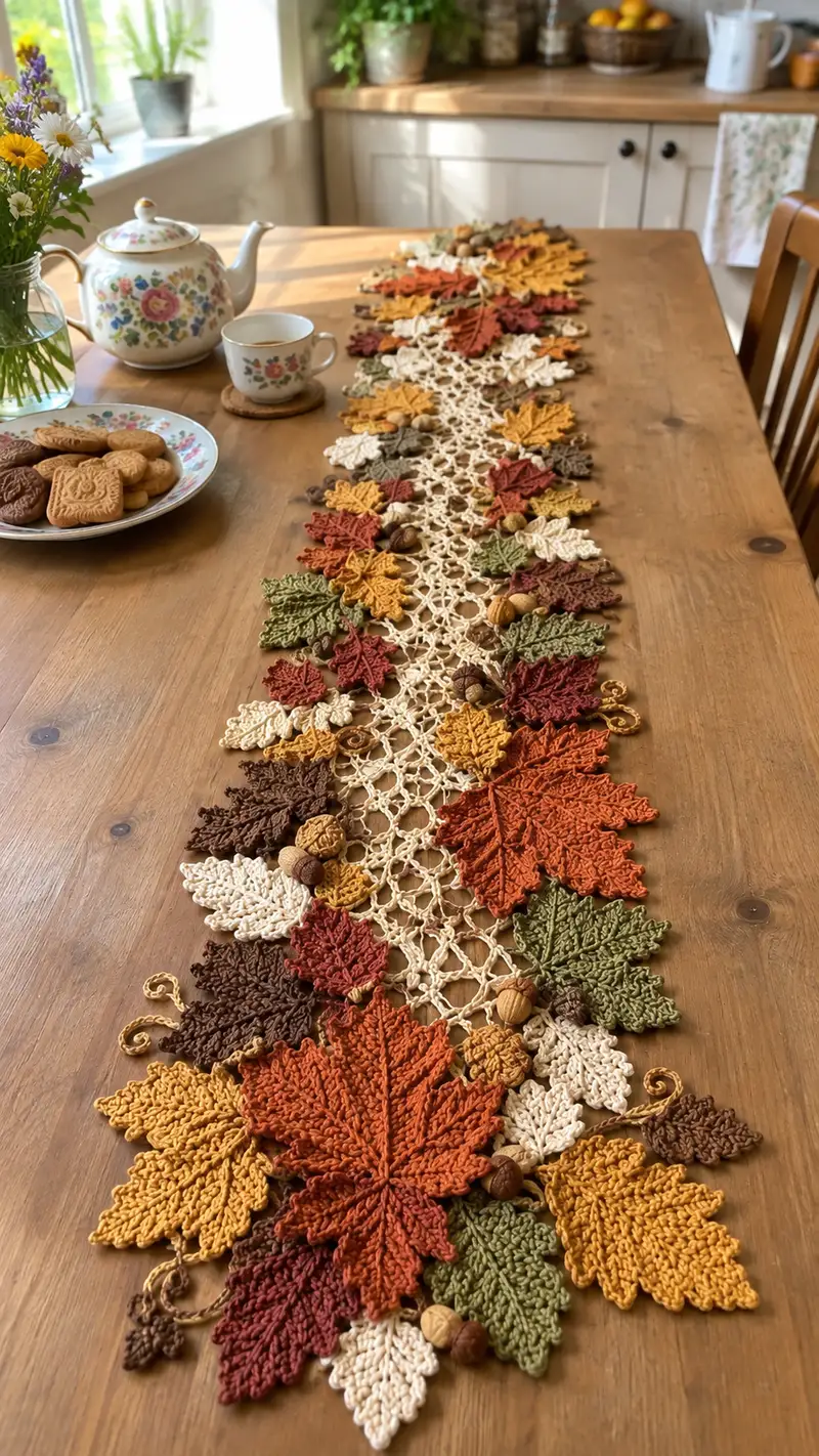 Autumn Leaves Table Runner Pattern crochet pattern - detailed view of completed project