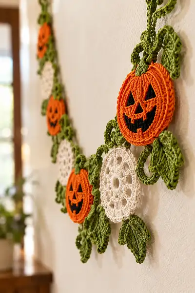 Jack-o-Lantern Faces Halloween Garland Pattern step 2 - assembly progress