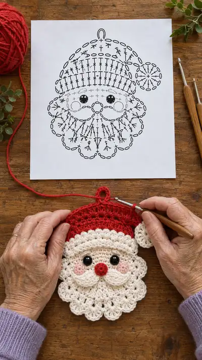 Classic Santa Face Ornament Pattern step 1 - construction progress