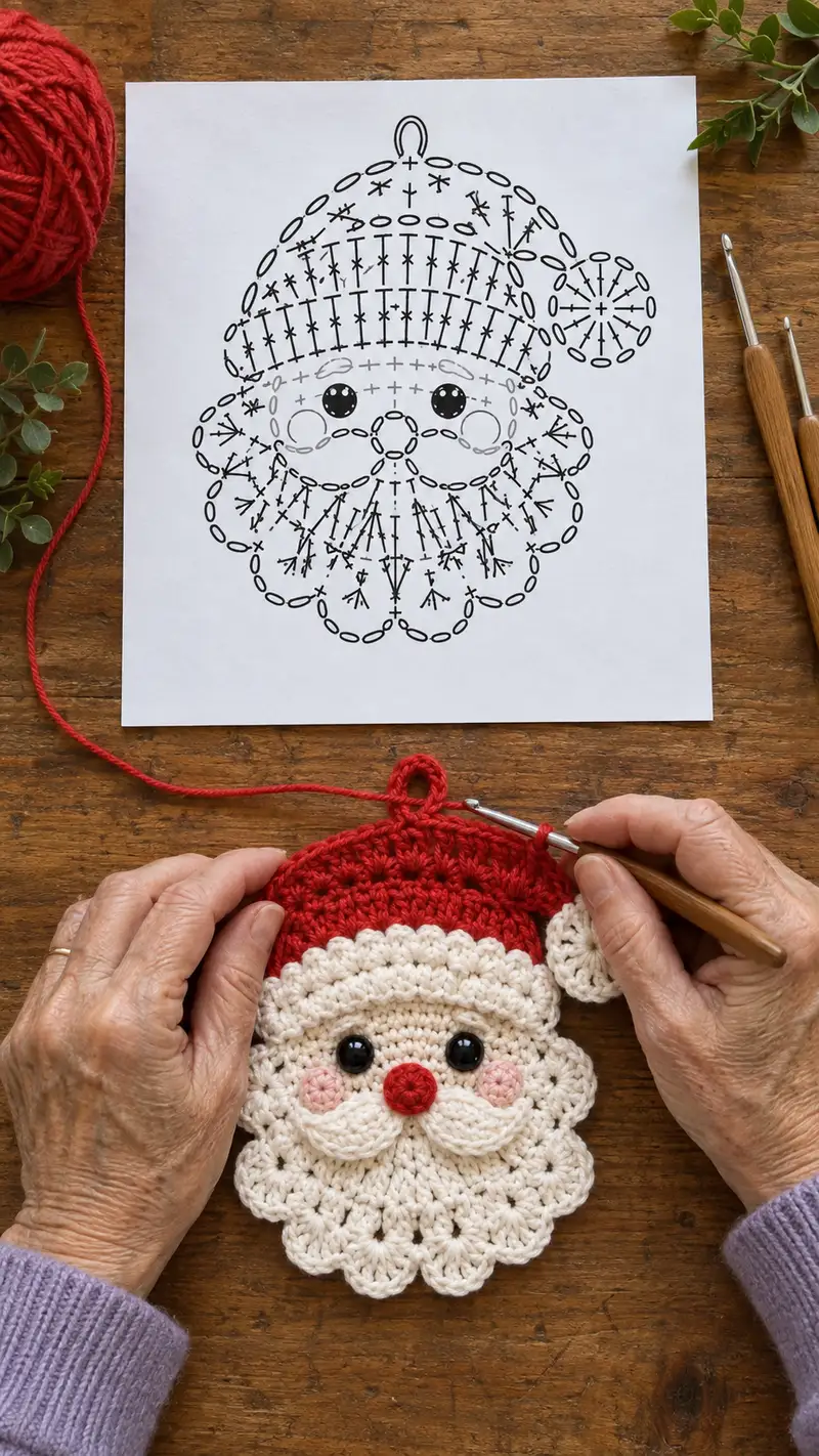 Classic Santa Face Ornament Pattern crochet pattern - detailed view of completed project