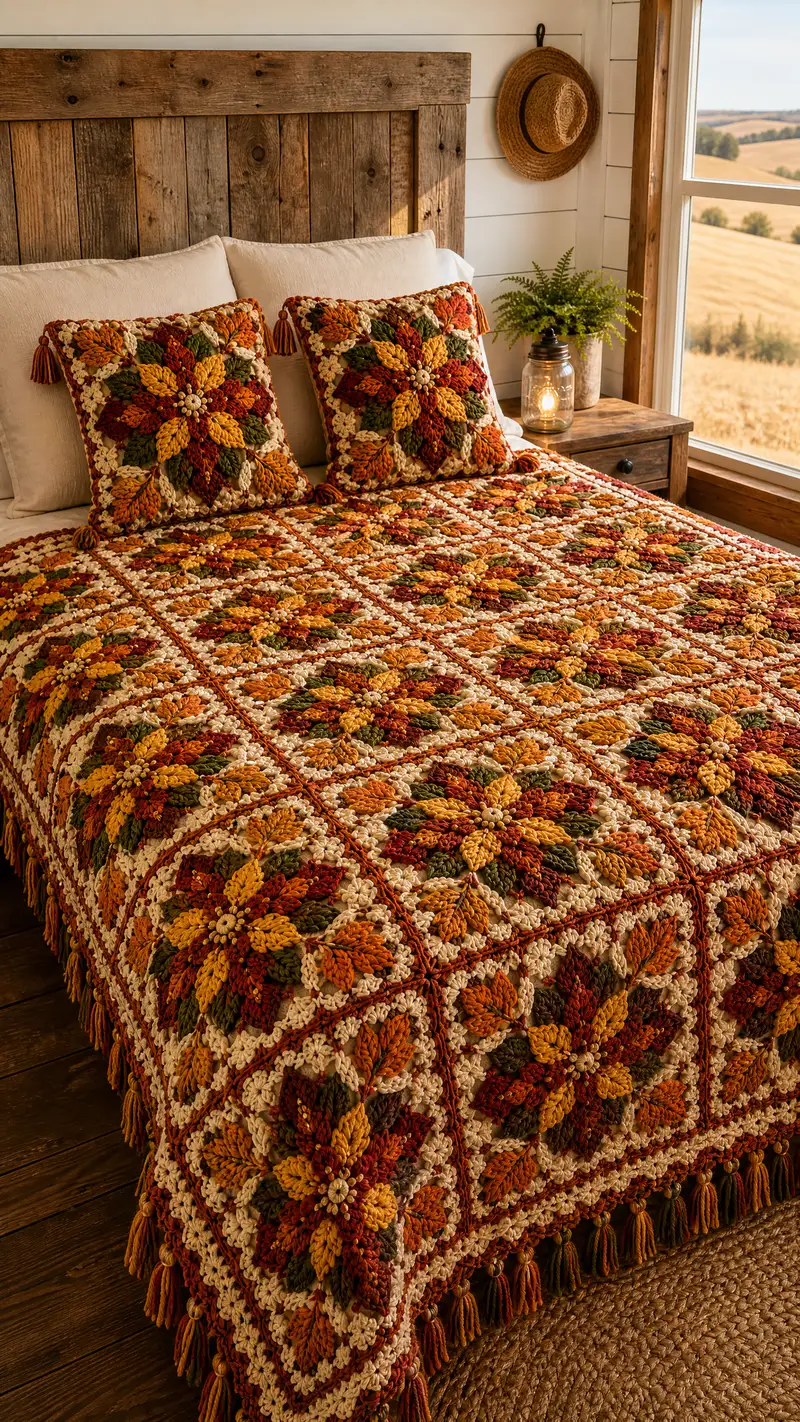 Free crochet pattern: Autumn Petal Granny Square Bedspread Pattern - Intermediate level tutorial