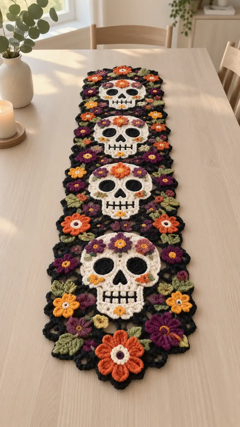 Free crochet pattern: Orange Purple Sugar Skull Table Runner Pattern - Advanced level tutorial