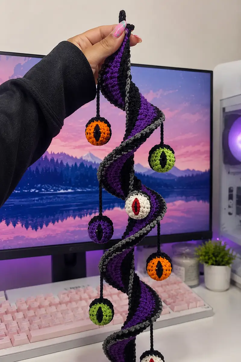 Spooky Eyeballs Halloween Spiral Garland Pattern crochet pattern - detailed view of completed project