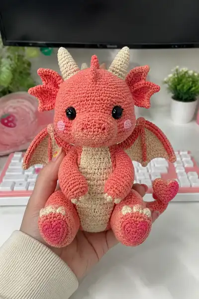 Big Coral Love Dragon with Heart Tail and Blush Cheeks Amigurumi Pattern step 1 - construction progress