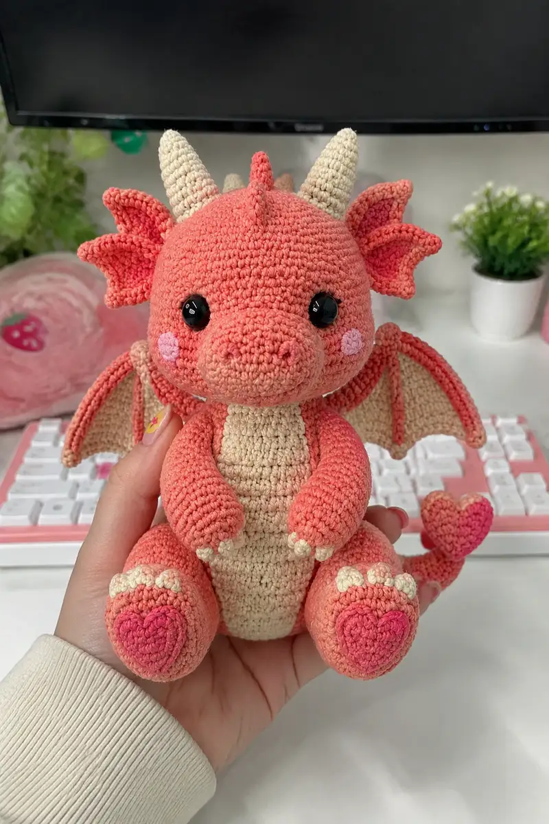 Free crochet pattern: Big Coral Love Dragon with Heart Tail and Blush Cheeks Amigurumi Pattern - Intermediate level tutorial