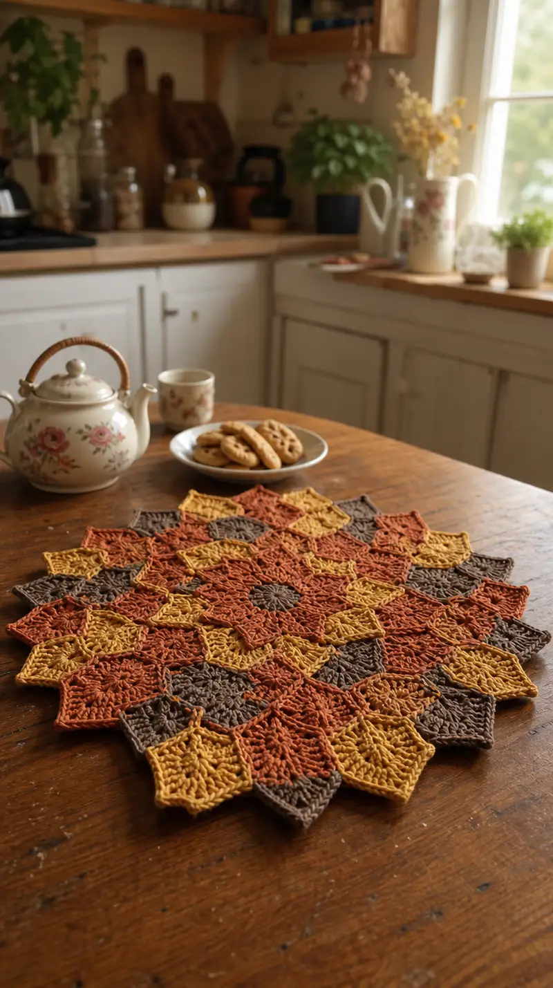 Autumn Starburst Table Centerpiece Pattern crochet pattern - detailed view of completed project