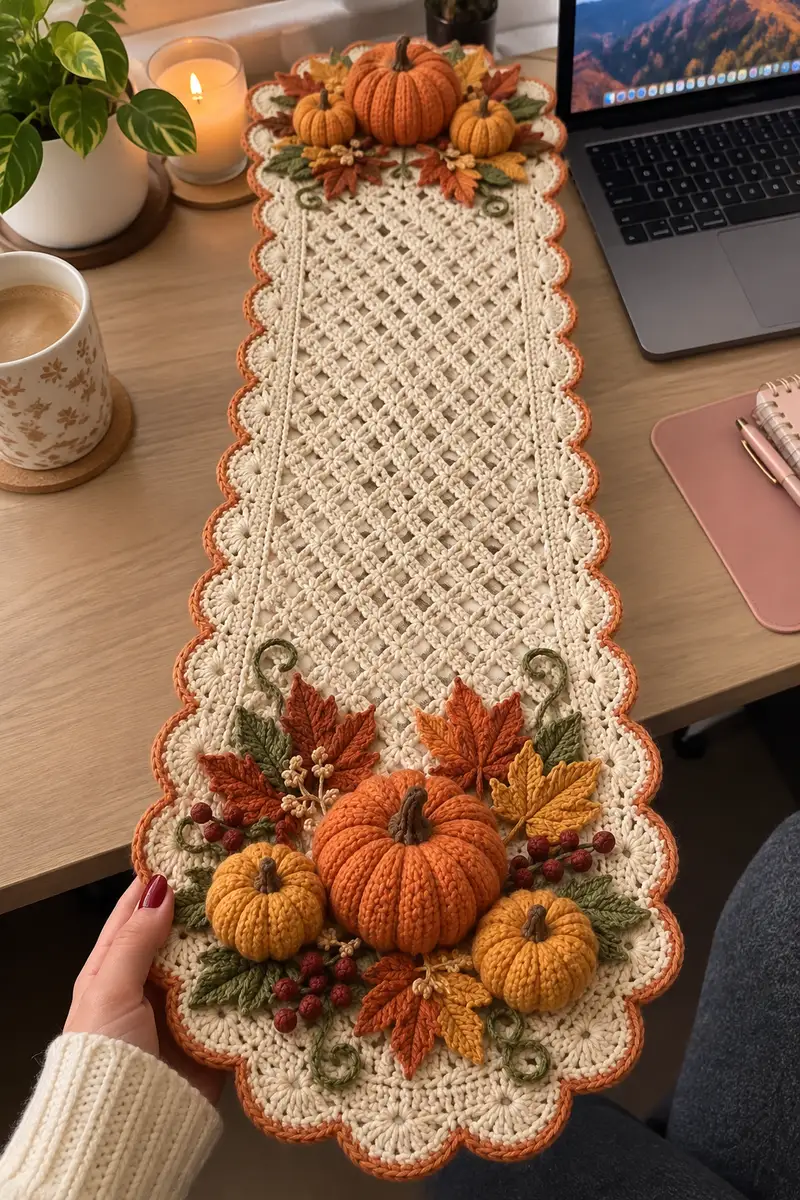 Autumn Pumpkin Table Runner Pattern crochet pattern - detailed view of completed project
