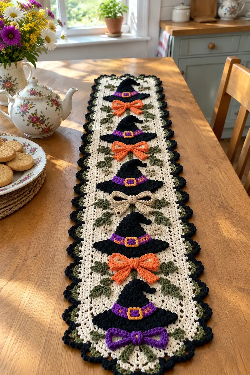 Witch Hat Table Runner Pattern crochet pattern - detailed view of completed project