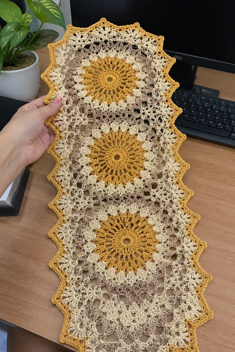 Golden Sunburst Mandala Table Runner Pattern crochet pattern - detailed view of completed project