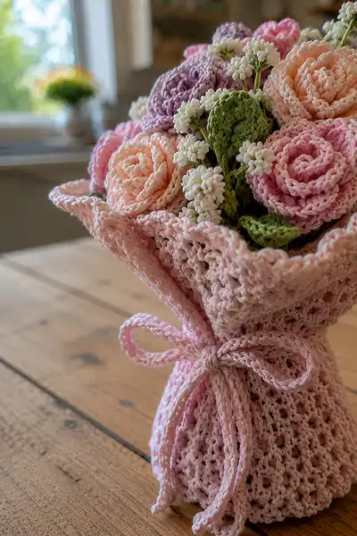 Soft Pastel Rose Crochet Bouquet Pattern step 2 - assembly progress