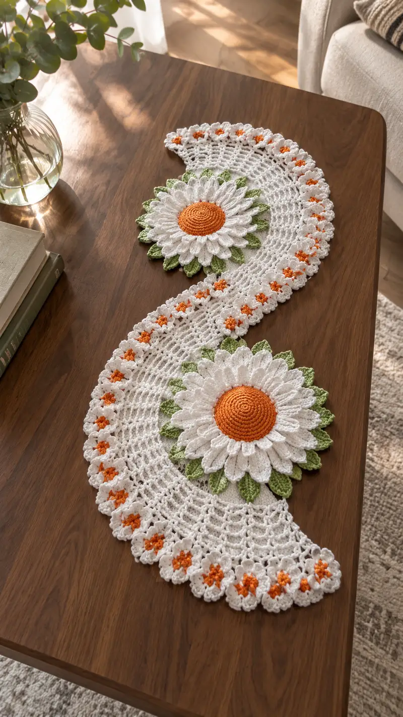 Daisy Crescent Table Runner Pattern crochet pattern - detailed view of completed project