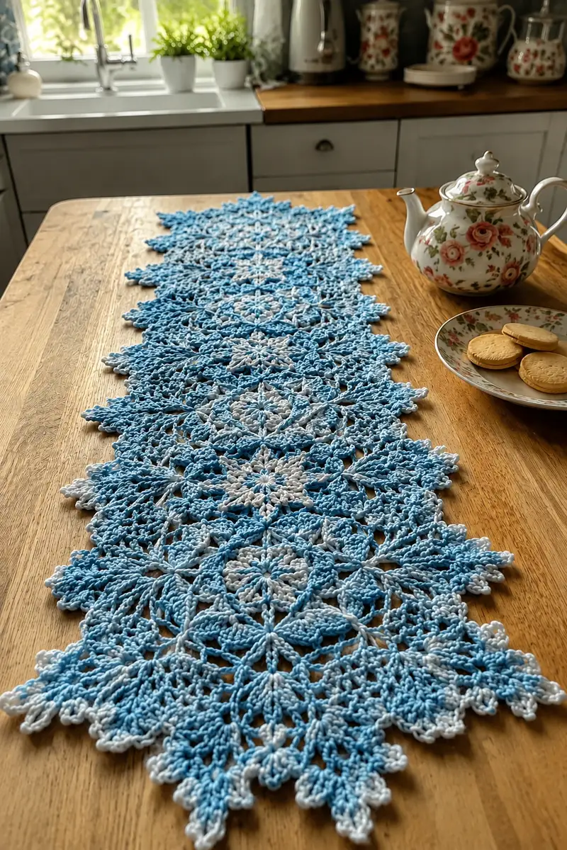 Icy Blue Snowflake Winter Table Runner Pattern crochet pattern - detailed view of completed project