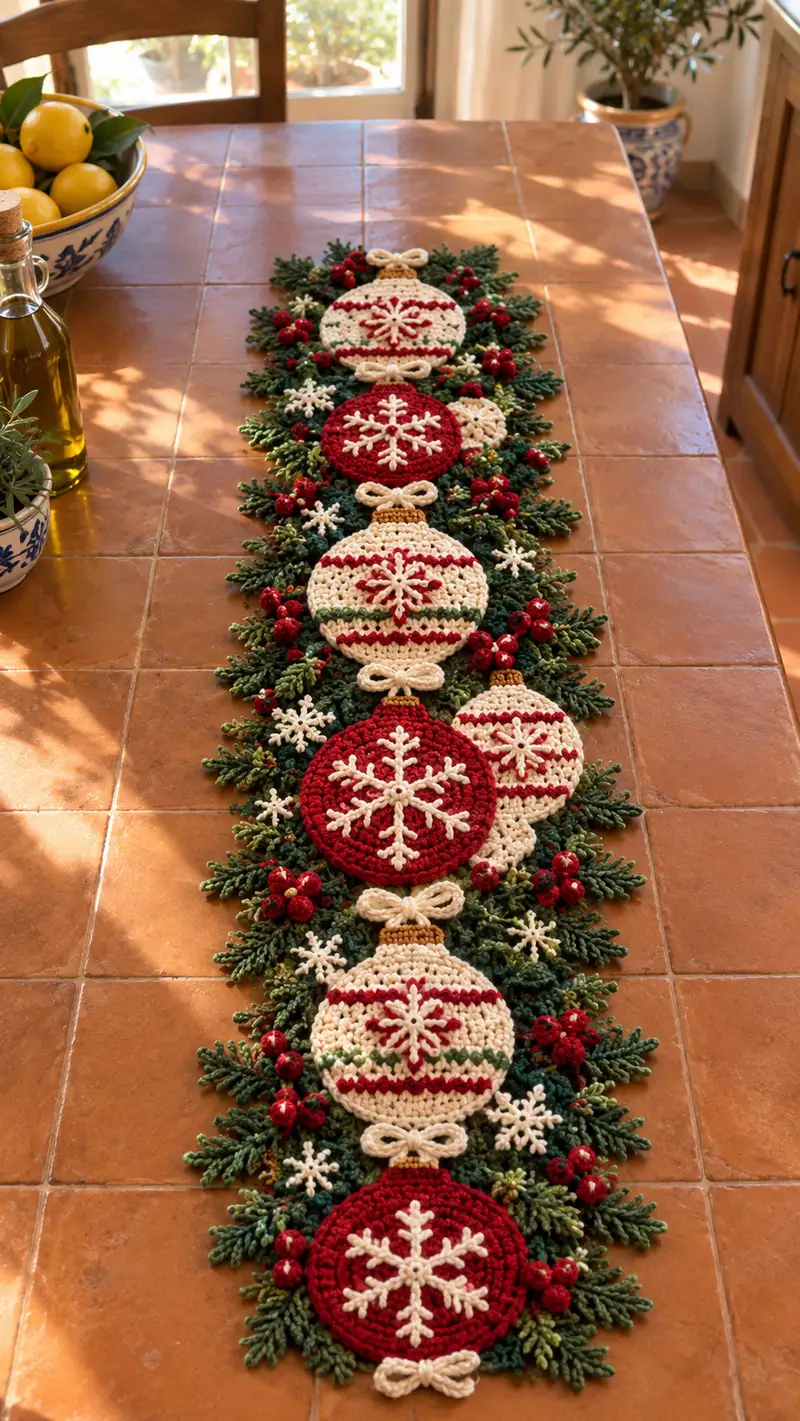 Red And Cream Ornament Snowflake Table Runner Pattern crochet pattern - detailed view of completed project
