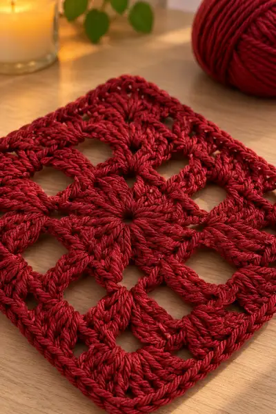 Deep Red Textured Granny Square Pattern step 3 - details and accessories