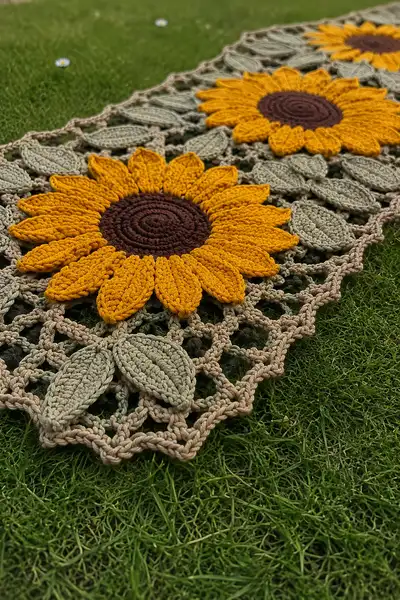 Giant Sunflower and Olive Leaf Table Runner Pattern step 2 - assembly progress