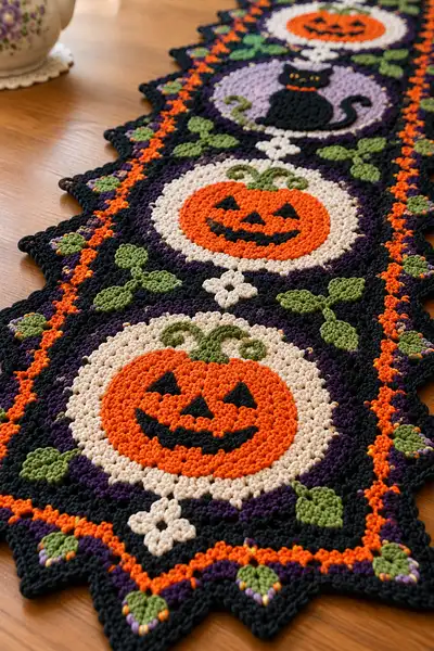 Halloween Pumpkin & Black Cat Table Runner Pattern step 2 - assembly progress