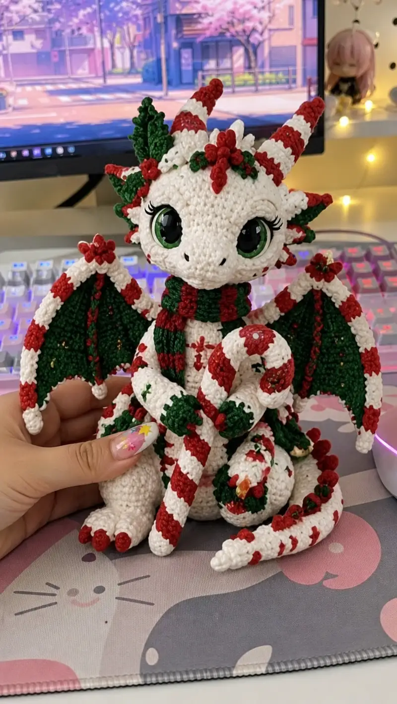 Candy Cane Holiday Dragon Amigurumi Pattern crochet pattern - detailed view of completed project