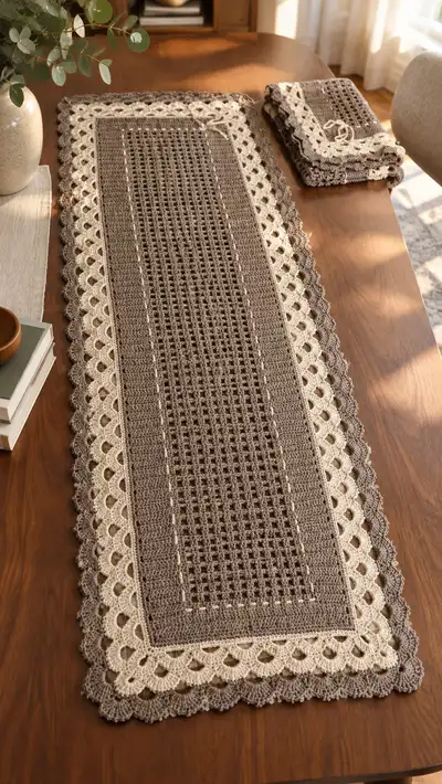 Elegant Two-Tone Crochet Table Runner Pattern step 1 - construction progress