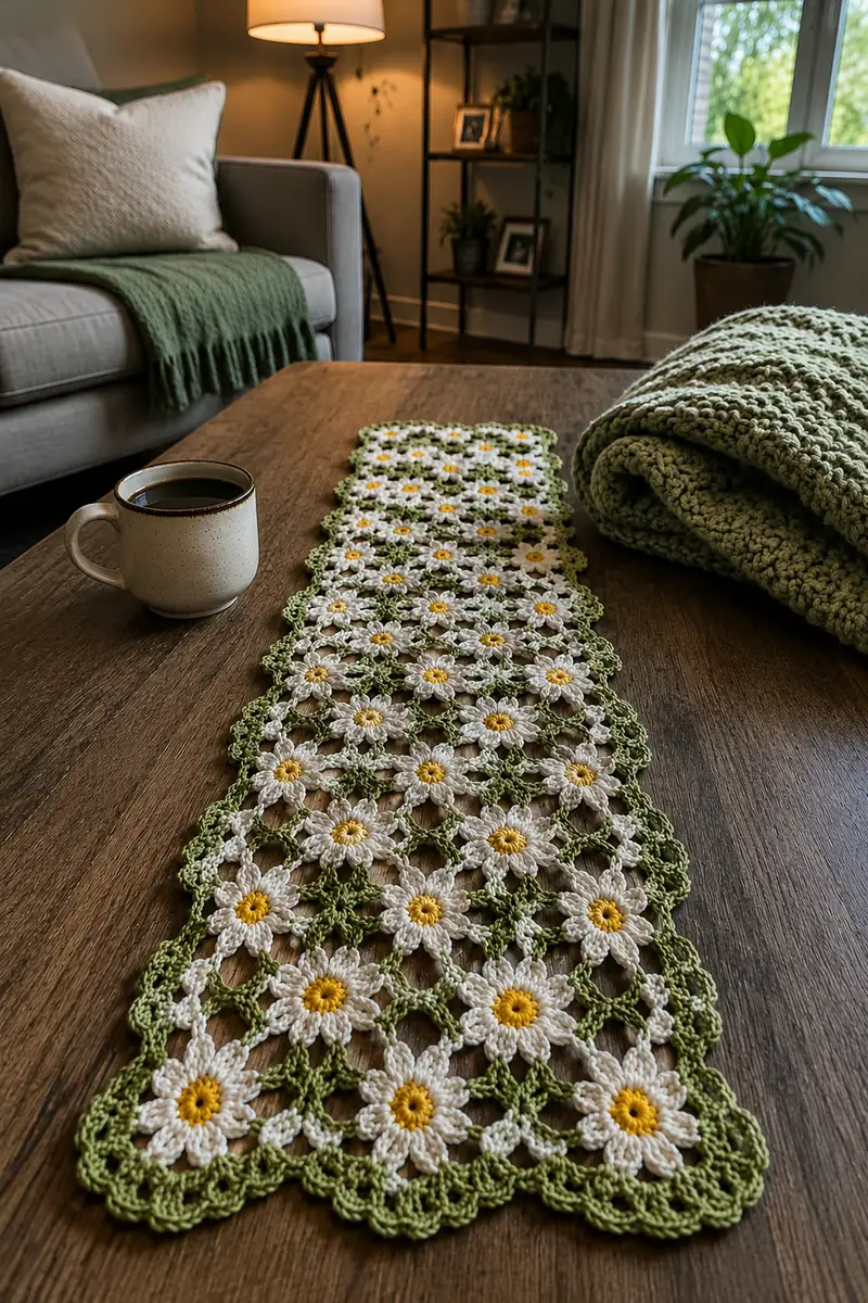 Spring Daisy Chain Openwork Table Runner Pattern crochet pattern - detailed view of completed project