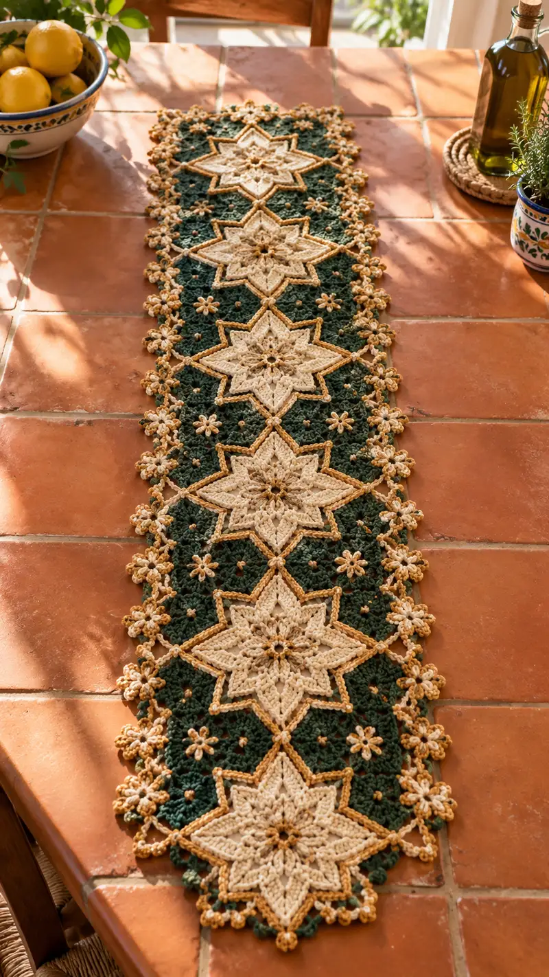Cream Star And Forest Green Table Runner Pattern crochet pattern - detailed view of completed project