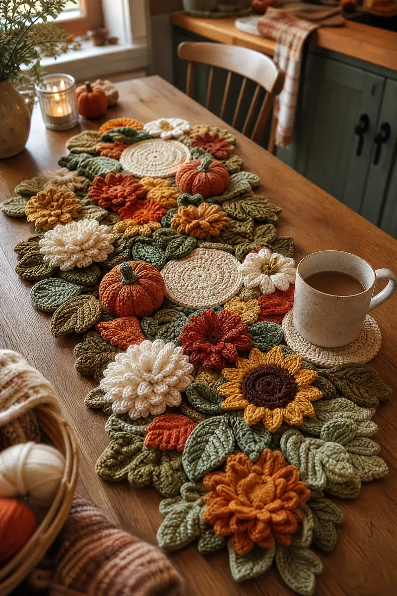 Autumn Mum Pumpkin Crochet Table Runner Pattern crochet pattern - detailed view of completed project