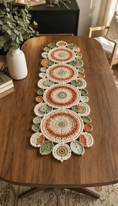 Sage Terracotta Mandala Leaf Table Runner Pattern step 1 - construction progress