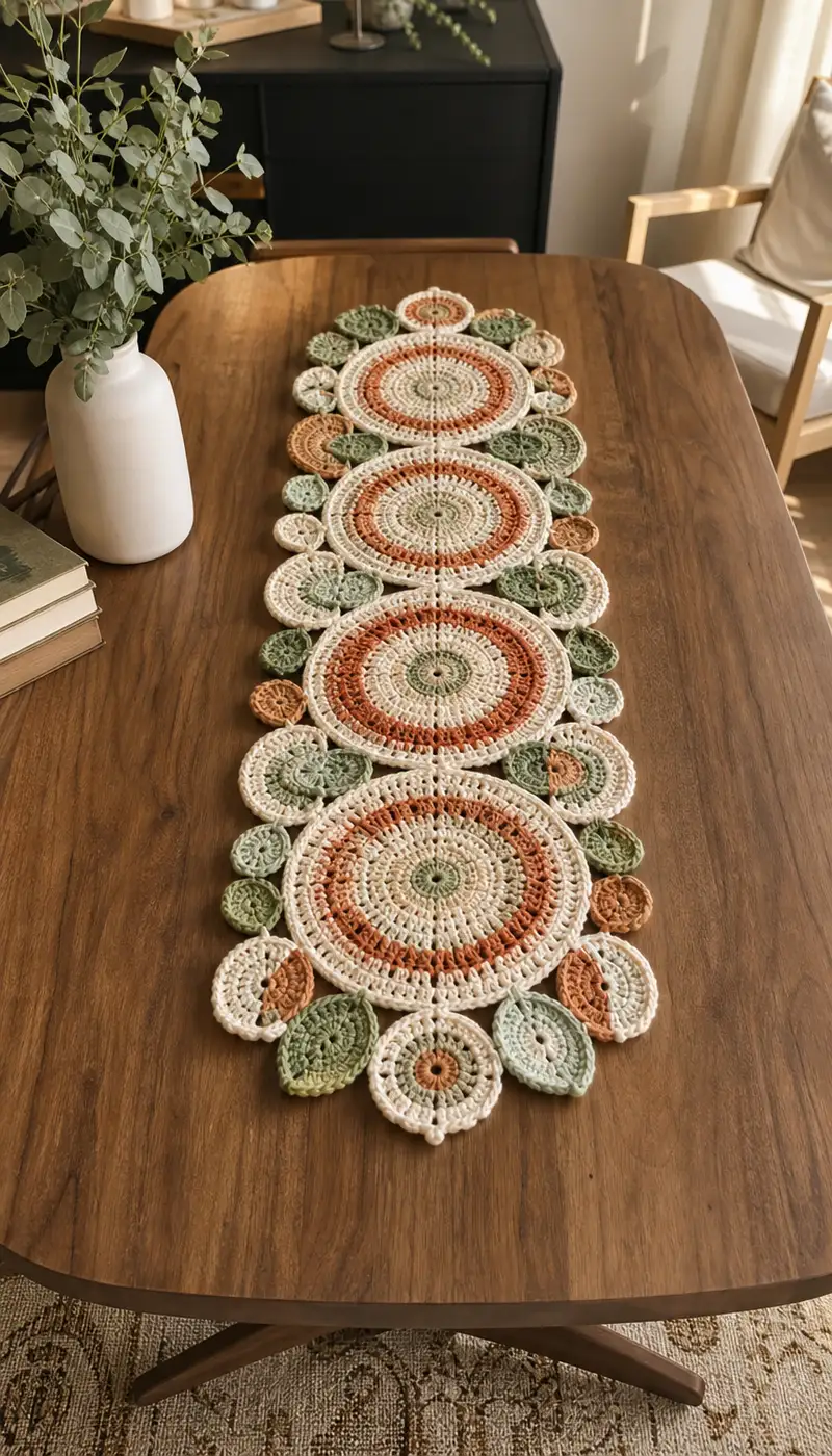Sage Terracotta Mandala Leaf Table Runner Pattern crochet pattern - detailed view of completed project