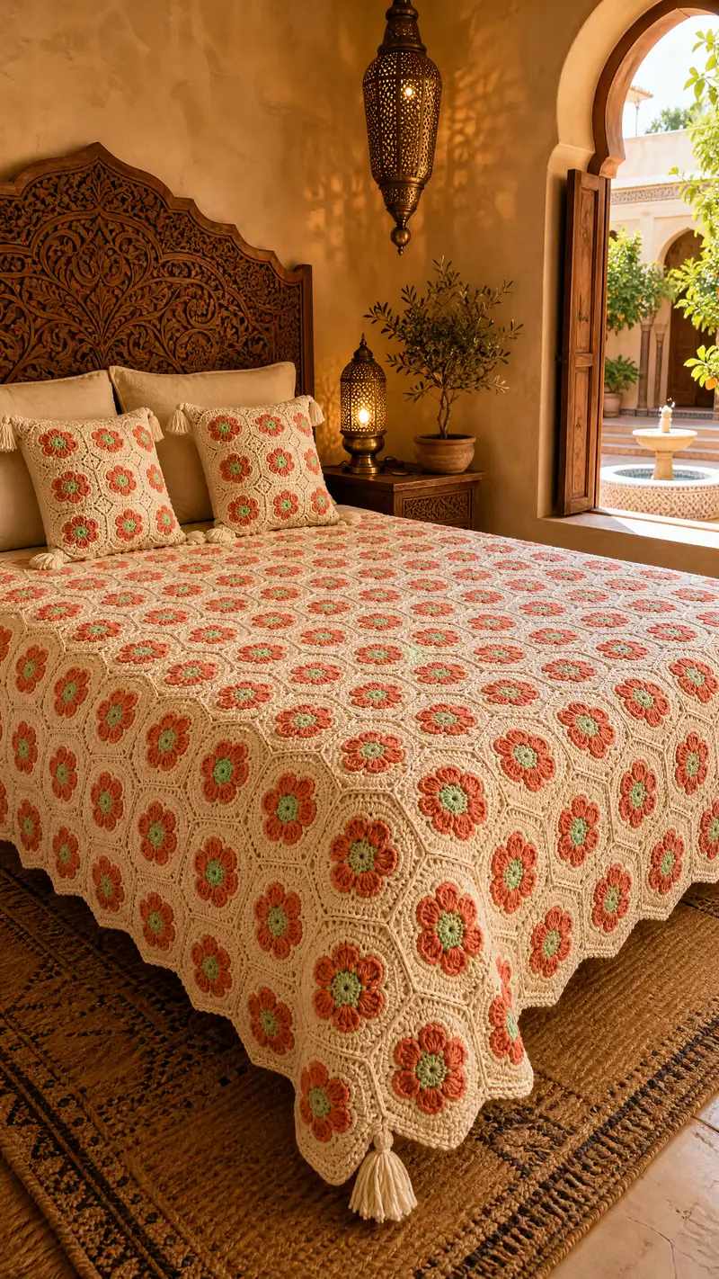 Coral Terracotta Flower Granny Bedspread Pattern crochet pattern - detailed view of completed project