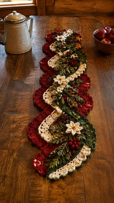 Cream And Burgundy Poinsettia Lace Table Runner Pattern step 1 - construction progress