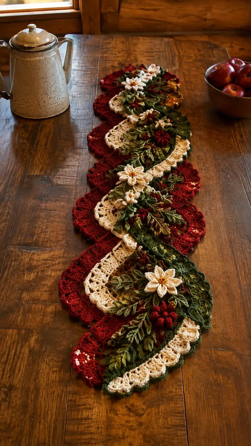 Cream And Burgundy Poinsettia Lace Table Runner Pattern crochet pattern - detailed view of completed project