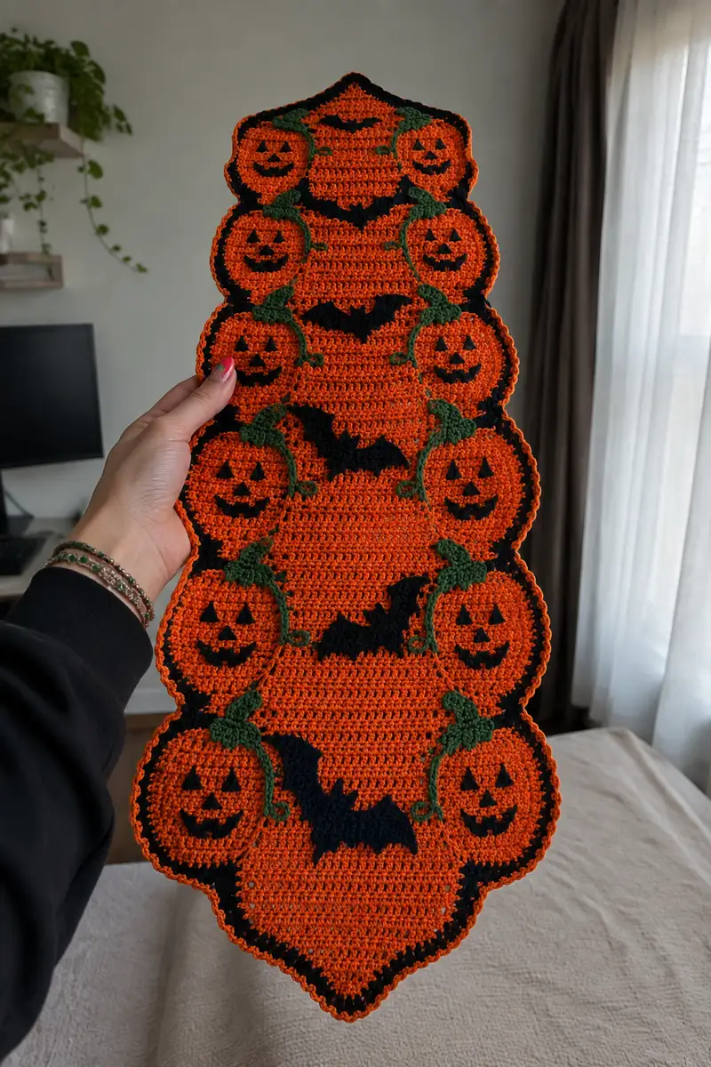 Halloween Pumpkin and Bat Spooky Table Runner Pattern crochet pattern - detailed view of completed project