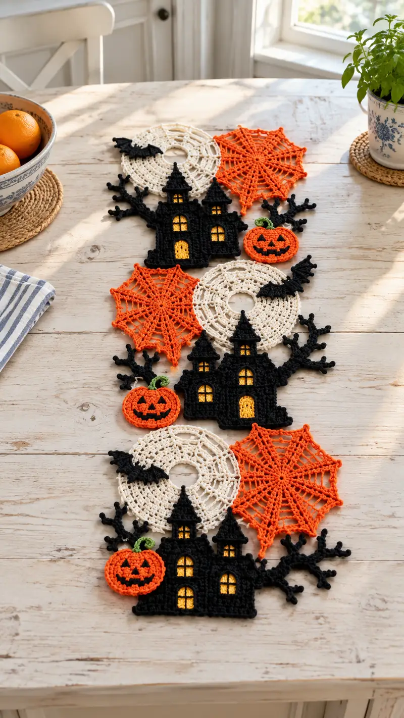 Spooky Halloween Table Runner Pattern crochet pattern - detailed view of completed project