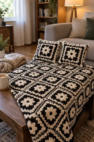 Stunning Black and Cream Daisy Granny Bedspread Pattern step 2 - assembly progress