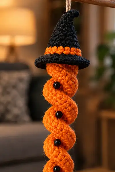 Halloween Spiral Hanging Ornament Garland Pattern step 2 - assembly progress