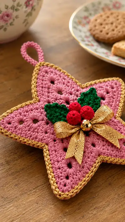Pink Star Ornament with Holly Embellishment Pattern step 2 - assembly progress