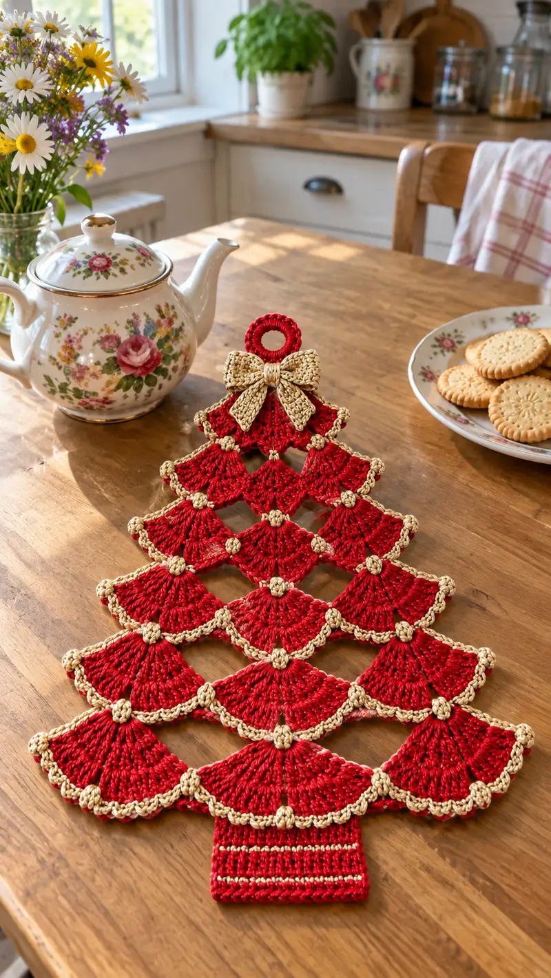Festive Lacy Christmas Tree Table Runner Pattern crochet pattern - detailed view of completed project