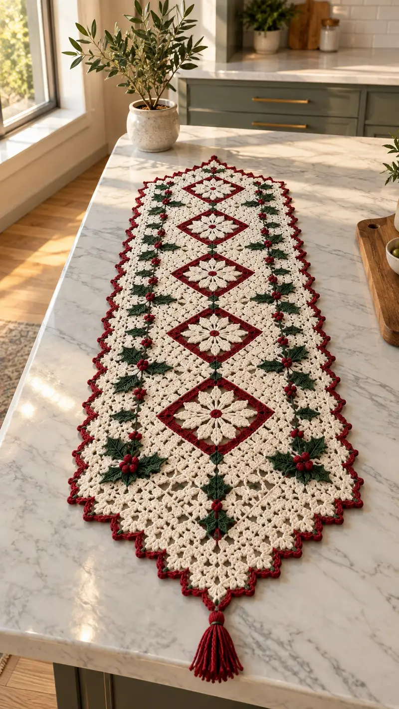 Festive Poinsettia Table Runner Pattern crochet pattern - detailed view of completed project