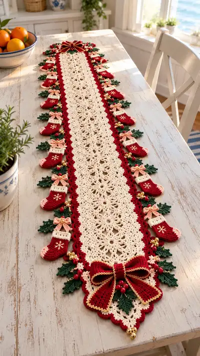Festive Stocking Border Christmas Table Runner Pattern step 1 - construction progress