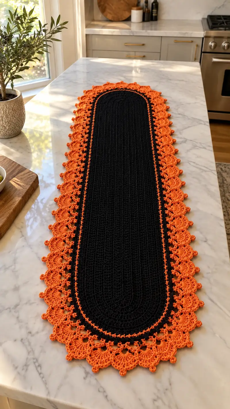 Halloween Black & Orange Table Runner Pattern crochet pattern - detailed view of completed project