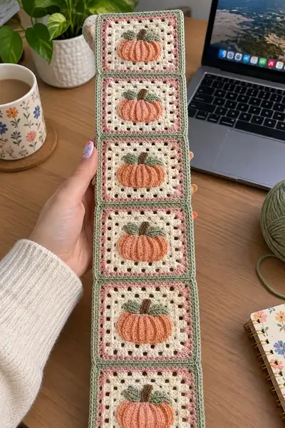 Pastel Pumpkin Granny Square Table Runner Pattern step 1 - construction progress