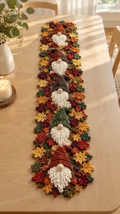 Autumn Gnome Bearded Motif Table Runner Pattern step 1 - construction progress