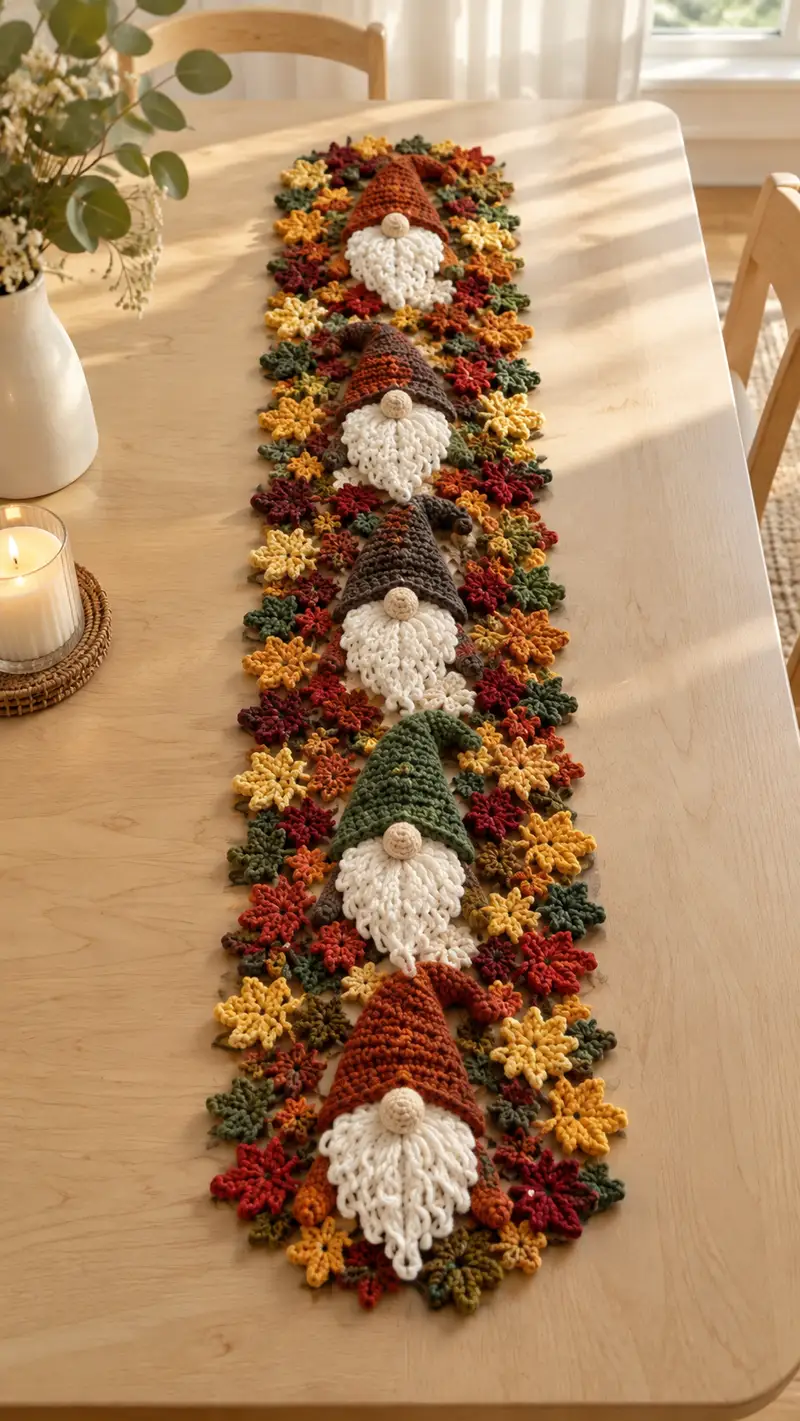 Autumn Gnome Bearded Motif Table Runner Pattern crochet pattern - detailed view of completed project