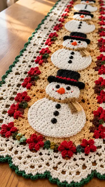 Festive Snowman Table Runner Pattern step 2 - assembly progress