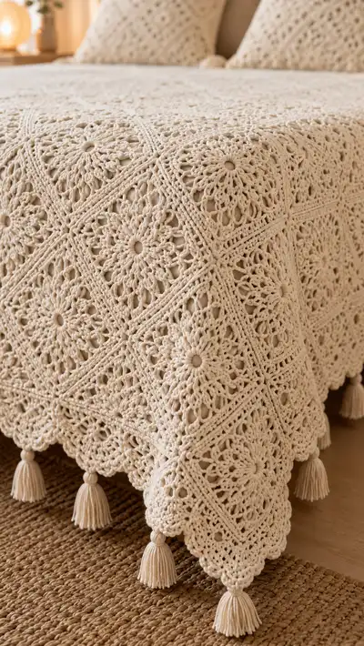 Ivory Scalloped Granny Square Bedspread Pattern step 2 - assembly progress