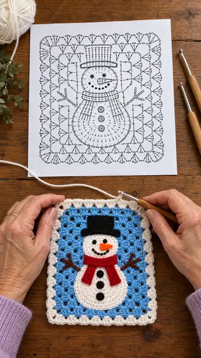 Festive Snowman Granny Square Pattern step 1 - construction progress