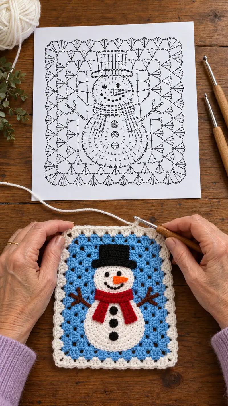 Festive Snowman Granny Square Pattern crochet pattern - detailed view of completed project