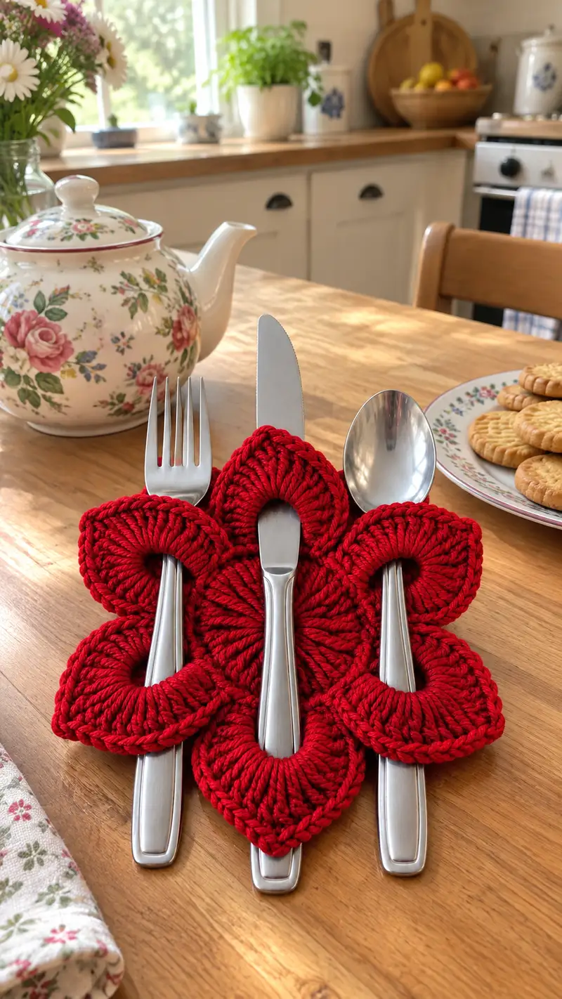 Red Flower Cutlery Holder Pattern crochet pattern - detailed view of completed project