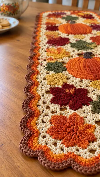 Autumn Pumpkin & Leaves Table Runner Pattern step 2 - assembly progress