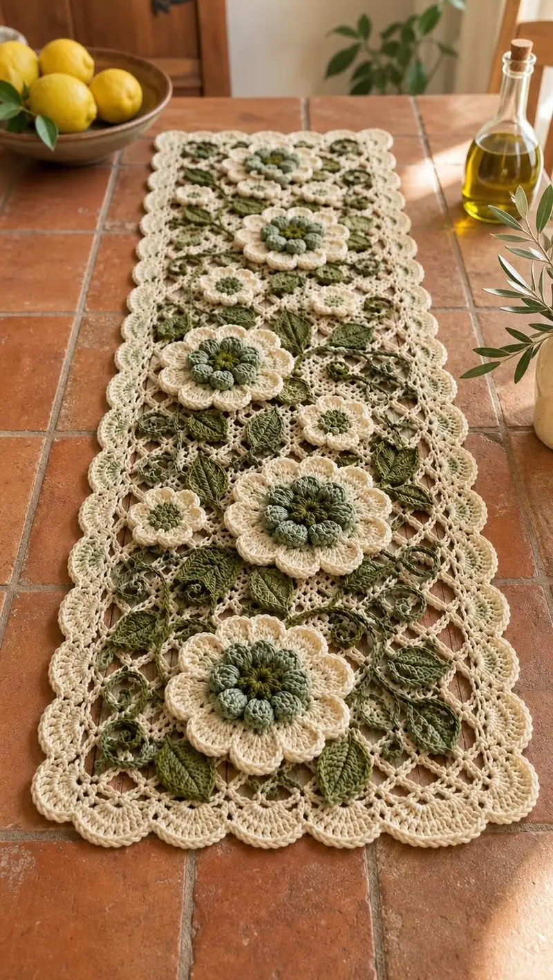 Cream & Olive Floral Table Runner Pattern crochet pattern - detailed view of completed project